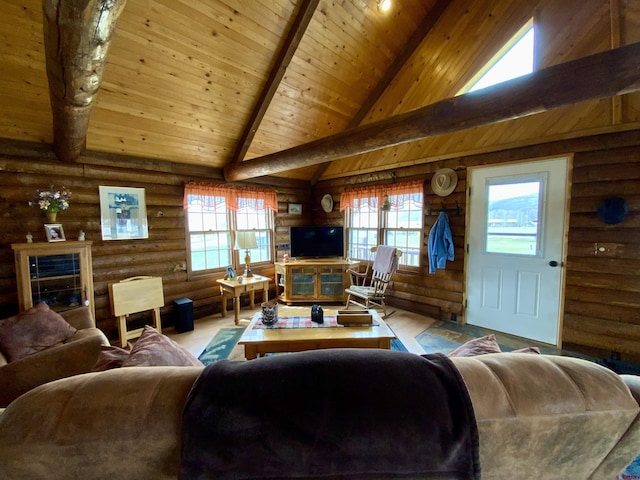 409 Sierra Vista Way, Gunnison, CO 81230 - living area featuring log walls, wood finished floors, beamed ceiling, high vaulted ceiling, and wood ceiling