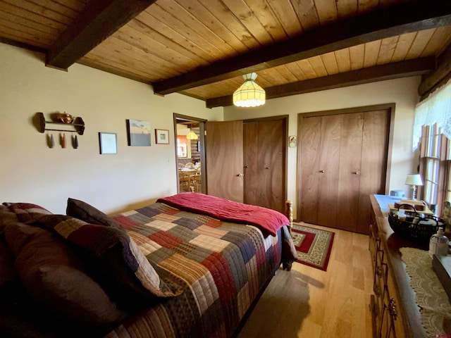 409 Sierra Vista Way, Gunnison, CO 81230 - bedroom with wood ceiling, light wood-style flooring, two closets, and beam ceiling