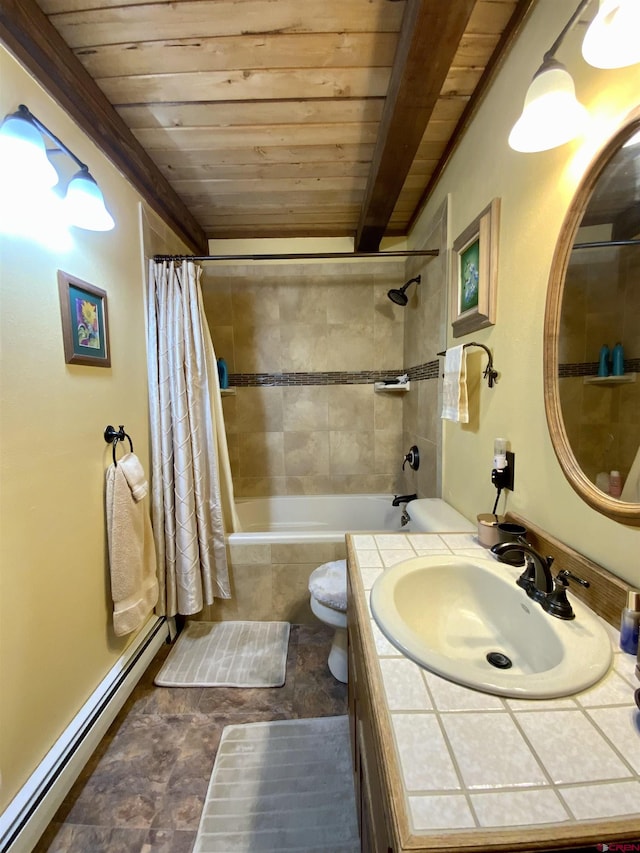 409 Sierra Vista Way, Gunnison, CO 81230 - full bathroom with baseboard heating, wooden ceiling, vanity, toilet, and tiled shower / bath combo