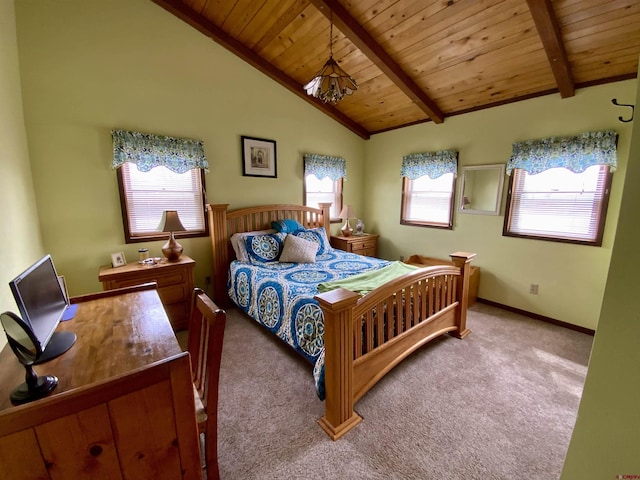 409 Sierra Vista Way, Gunnison, CO 81230 - carpeted bedroom featuring baseboards, lofted ceiling with beams, and wooden ceiling