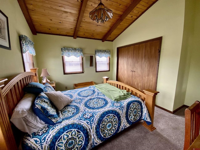 409 Sierra Vista Way, Gunnison, CO 81230 - bedroom with carpet floors, baseboards, wooden ceiling, and vaulted ceiling with beams