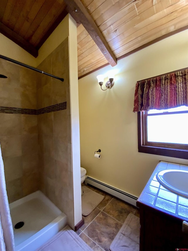 409 Sierra Vista Way, Gunnison, CO 81230 - full bath with tile patterned floors, wooden ceiling, tiled shower, and a baseboard radiator