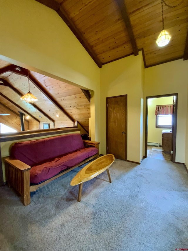 409 Sierra Vista Way, Gunnison, CO 81230 - carpeted living room with wood ceiling, baseboard heating, beam ceiling, baseboards, and high vaulted ceiling