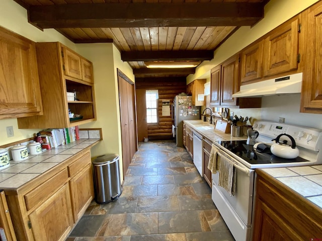 409 Sierra Vista Way, Gunnison, CO 81230 - kitchen with white range with electric cooktop, tile countertops, stone tile flooring, and under cabinet range hood