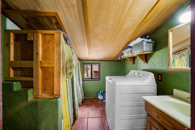 2229 Bear Creek Rd, Bayfield, CO 81122 - washroom featuring laundry area, wooden ceiling, and tile patterned flooring