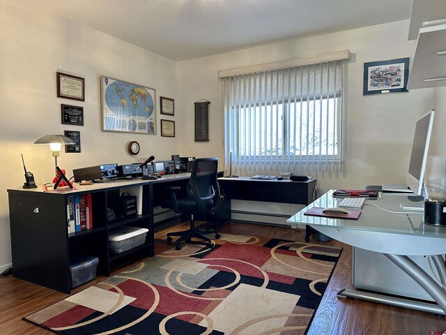 office featuring a baseboard radiator and wood finished floors