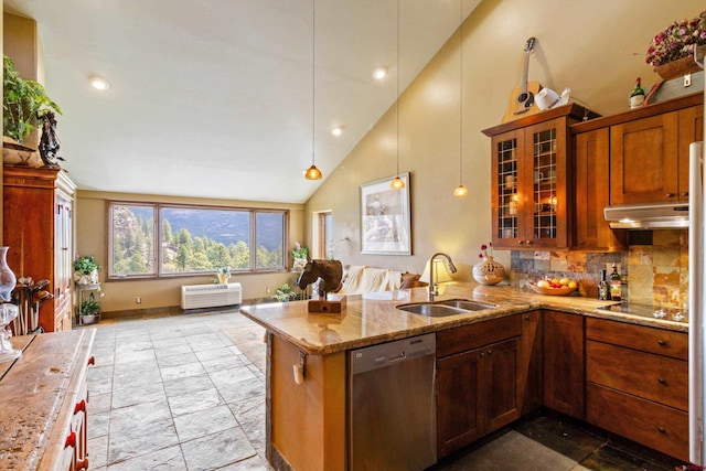 kitchen featuring a peninsula, under cabinet range hood, light stone counters, a sink, and dishwasher