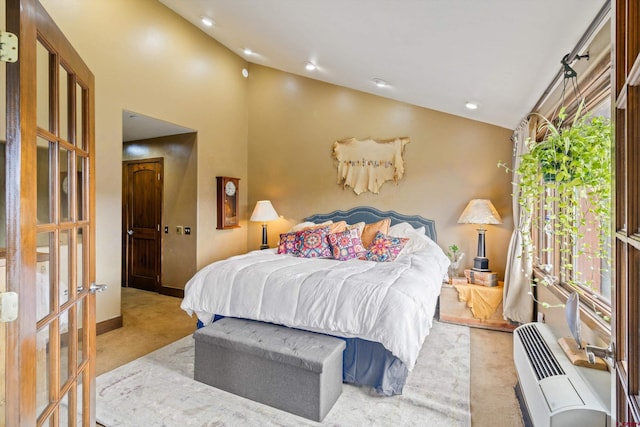 bedroom with a wall mounted AC, carpet floors, baseboards, high vaulted ceiling, and recessed lighting