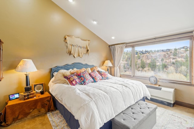 bedroom with recessed lighting, carpet floors, and vaulted ceiling