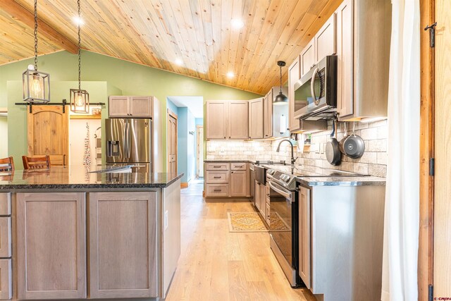 561 Sierra Dr, Durango, CO 81301 - kitchen with lofted ceiling, light wood-type flooring, dark stone counters, wooden ceiling, and stainless steel appliances
