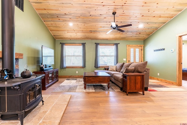 561 Sierra Dr, Durango, CO 81301 - living area with a wood stove, lofted ceiling, baseboards, ceiling fan, and wooden ceiling