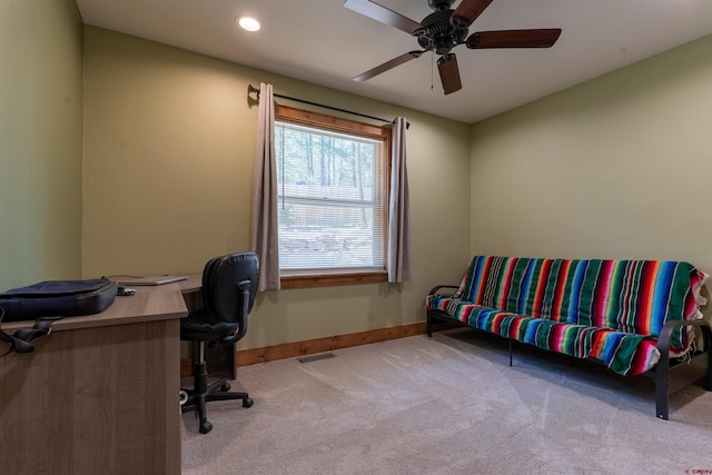 561 Sierra Dr, Durango, CO 81301 - carpeted home office featuring a ceiling fan, baseboards, and visible vents