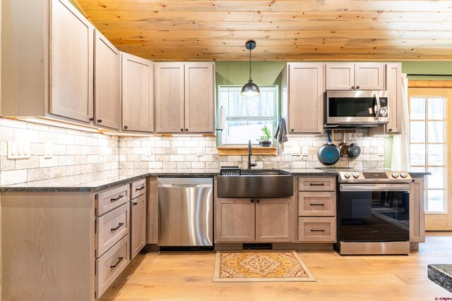 561 Sierra Dr, Durango, CO 81301 - kitchen featuring a sink, wooden ceiling, stainless steel appliances, and light wood-type flooring
