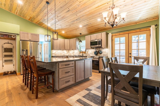 561 Sierra Dr, Durango, CO 81301 - kitchen with appliances with stainless steel finishes, tasteful backsplash, a center island, wooden ceiling, and a notable chandelier