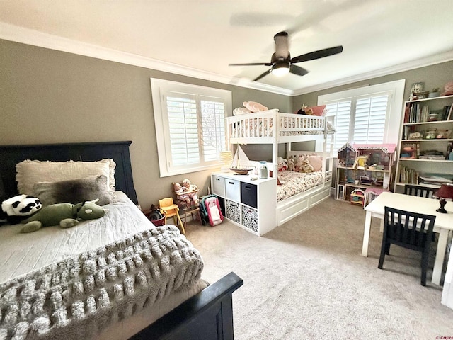 22876 Thunder Mountain Ln, Cedaredge, CO 81413 - bedroom featuring crown molding, a ceiling fan, carpet flooring, and multiple windows