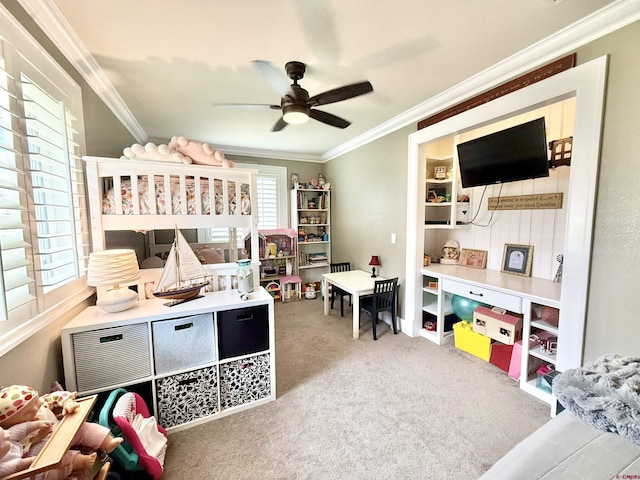 22876 Thunder Mountain Ln, Cedaredge, CO 81413 - bedroom featuring ornamental molding, carpet, and ceiling fan