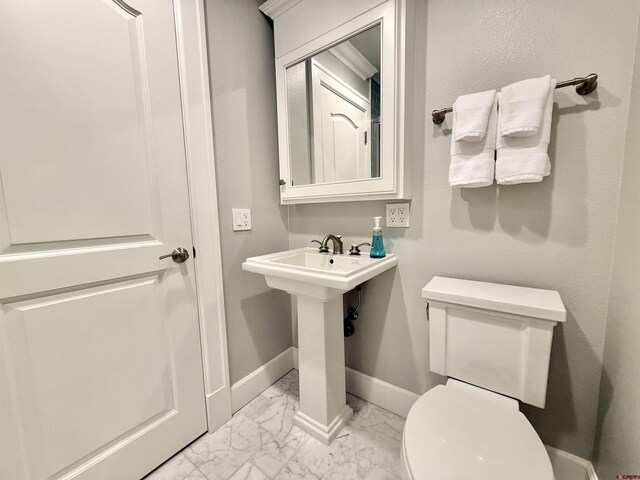 22876 Thunder Mountain Ln, Cedaredge, CO 81413 - bathroom featuring baseboards, marble finish floor, and toilet