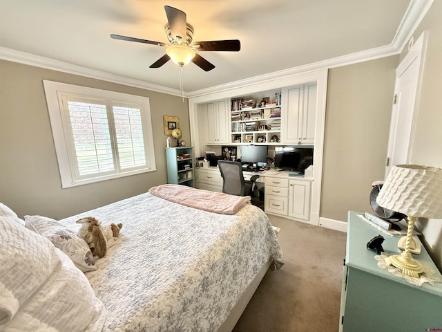 22876 Thunder Mountain Ln, Cedaredge, CO 81413 - bedroom featuring crown molding, a ceiling fan, baseboards, and light carpet
