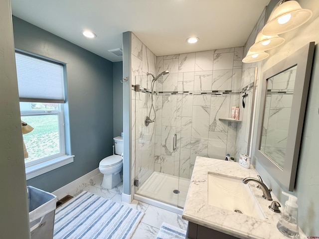 22876 Thunder Mountain Ln, Cedaredge, CO 81413 - full bathroom featuring vanity, toilet, a marble finish shower, marble finish floor, and visible vents