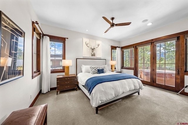 bedroom featuring access to exterior, baseboards, ceiling fan, light colored carpet, and recessed lighting