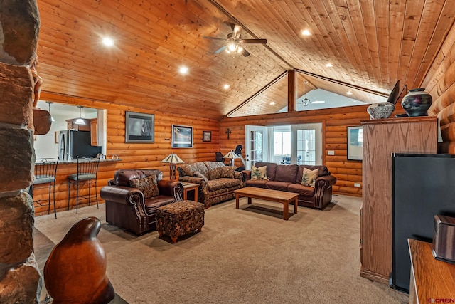 living area with a ceiling fan, light colored carpet, vaulted ceiling, wooden ceiling, and log walls