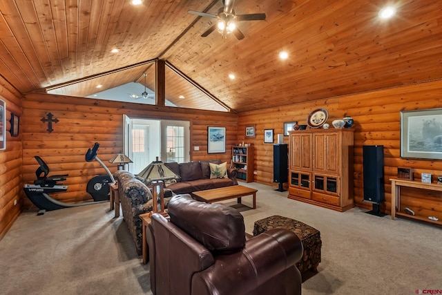 living room featuring ceiling fan, vaulted ceiling, wooden ceiling, light carpet, and recessed lighting