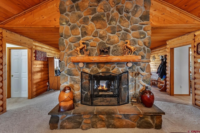 unfurnished living room featuring carpet floors, rustic walls, and wooden ceiling