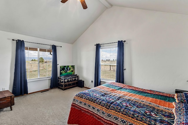 bedroom with visible vents, carpet, high vaulted ceiling, and multiple windows