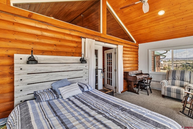 bedroom featuring rustic walls, wood ceiling, carpet, and lofted ceiling