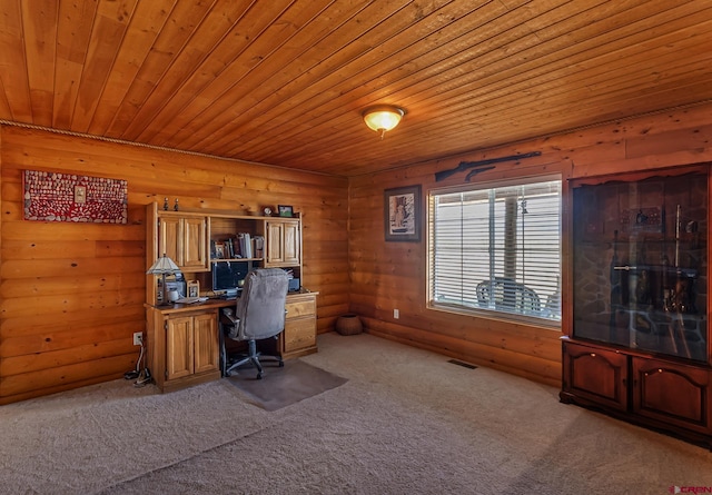 carpeted home office featuring wood ceiling, log walls, and visible vents