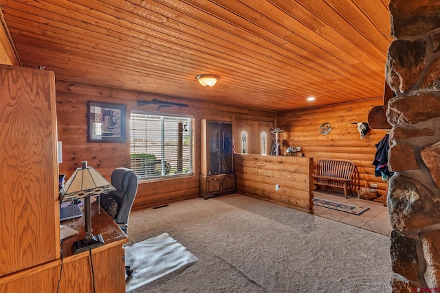 home office featuring wooden ceiling, rustic walls, and visible vents