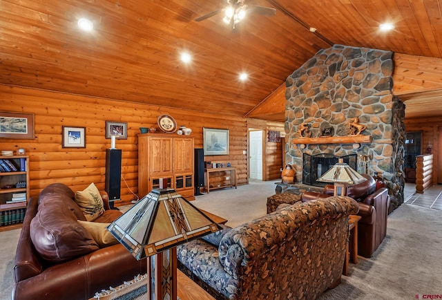 living room featuring log walls, ceiling fan, wood ceiling, and light carpet