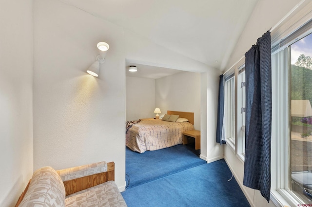 bedroom with carpet floors and vaulted ceiling