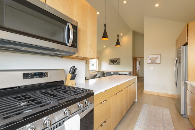 kitchen featuring light wood finished floors, stainless steel appliances, and light countertops