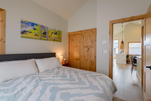 bedroom featuring high vaulted ceiling and wood finished floors