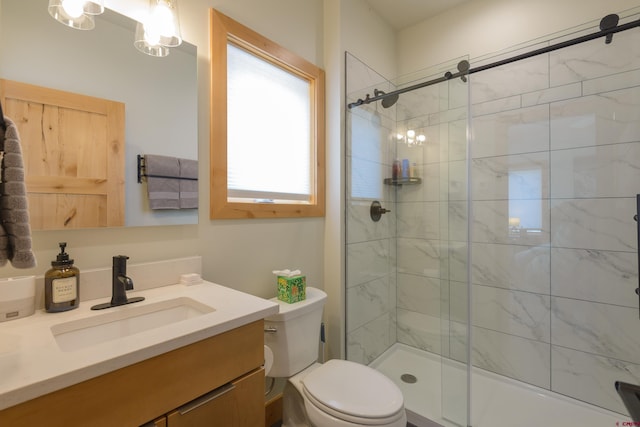 full bathroom featuring vanity, toilet, and a shower stall