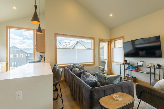living area featuring recessed lighting, high vaulted ceiling, and dark wood finished floors