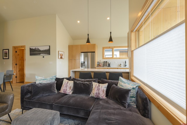 living room featuring light wood finished floors and high vaulted ceiling