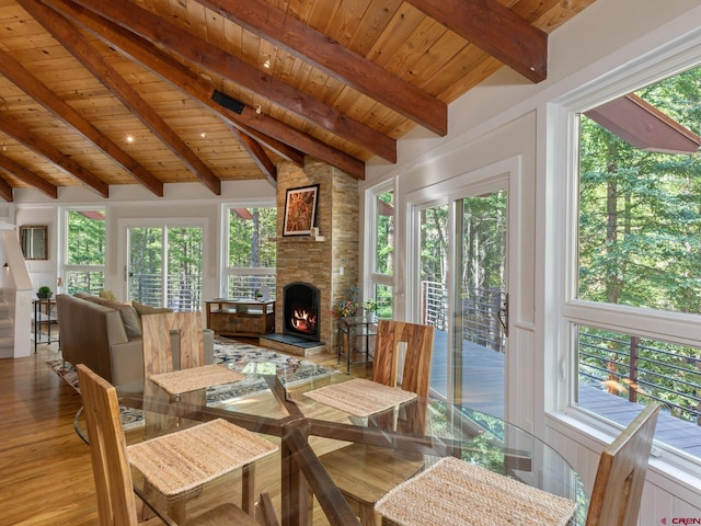 226 Lake Fork Junction Rd, Ophir, CO 81426 - dining space with beam ceiling, wood ceiling, and wood finished floors