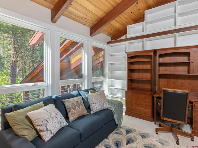 226 Lake Fork Junction Rd, Ophir, CO 81426 - living area with light colored carpet, wood ceiling, built in study area, and vaulted ceiling with beams