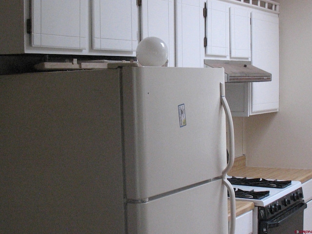232 Arapaho Rd, South Fork, CO 81154 - kitchen featuring under cabinet range hood, freestanding refrigerator, and gas stove