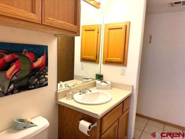 30022 Rd L, Mancos, CO 81328 - half bath featuring vanity, toilet, visible vents, and tile patterned floors