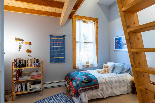 carpeted bedroom with wooden ceiling, beam ceiling, and baseboard heating