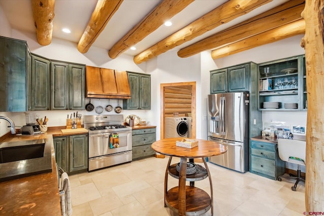 kitchen featuring a sink, custom exhaust hood, beam ceiling, and appliances with stainless steel finishes