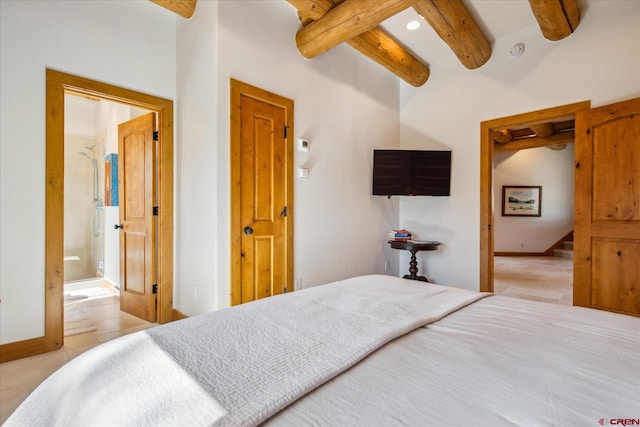 bedroom featuring recessed lighting, connected bathroom, and beam ceiling