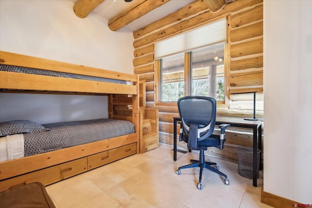 bedroom with tile patterned floors, rustic walls, and beamed ceiling