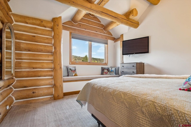 bedroom featuring log walls and vaulted ceiling with beams