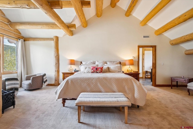 bedroom with visible vents, baseboards, vaulted ceiling with beams, and light carpet
