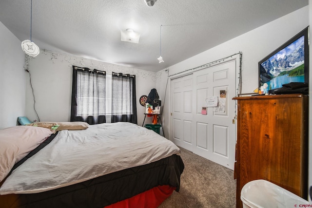 bedroom with carpet, a textured ceiling, and a closet
