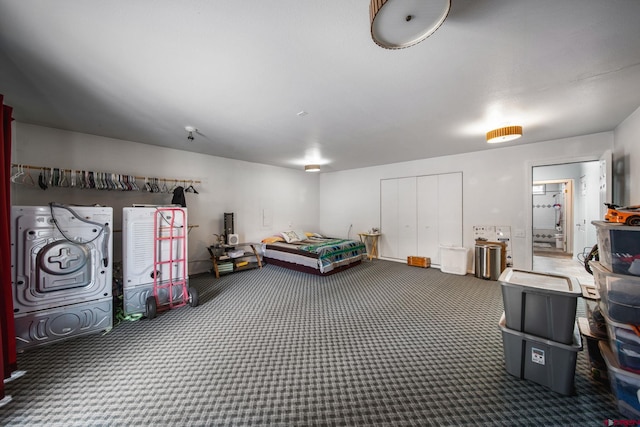 bedroom with carpet flooring and a closet